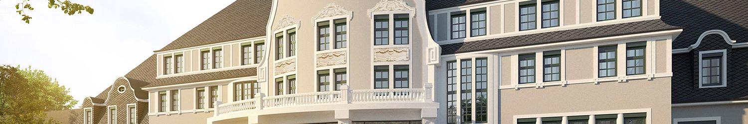 Elegantes weiß-graues Gebäude mit gewölbter Fassade und hohen Fenstern, umgeben von Bäumen, im Vordergrund spazierende Menschen.