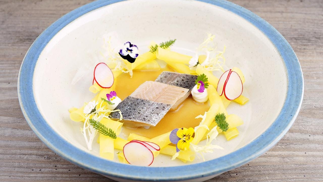 A gourmet dish with fish, radish slices, and yellow flower petals arranged on a white plate with a blue rim, served in a light sauce.