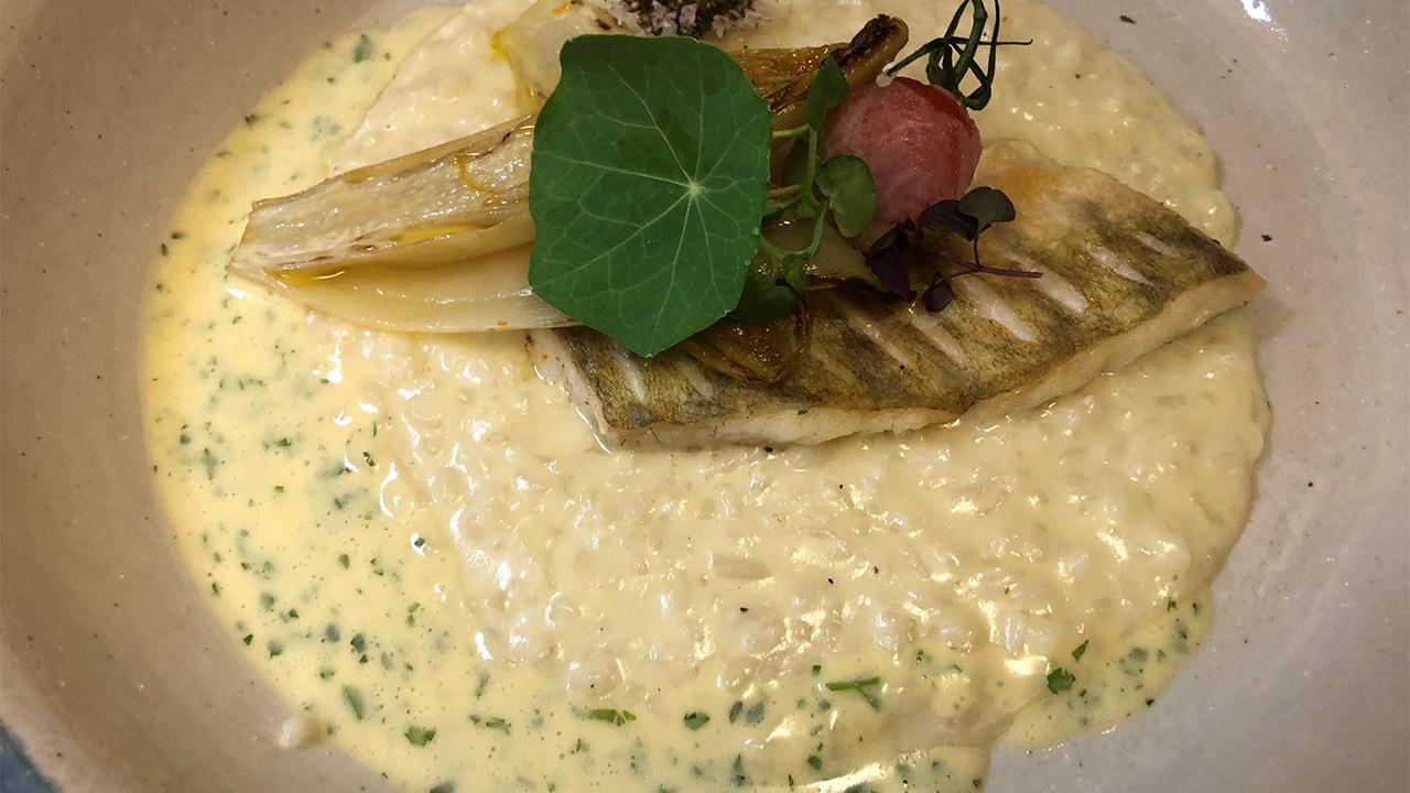 A bowl of creamy risotto topped with a piece of grilled fish, leafy greens, and a small radish.