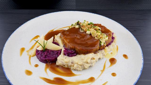 A collage of three dishes: creamy soup with truffles, layered dessert in a jar, and a meat dish with mashed potatoes and sauce on a white plate.